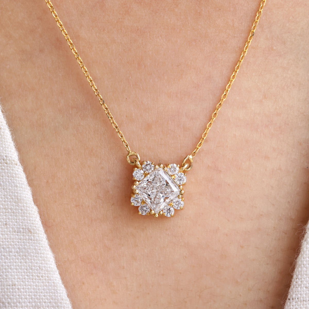 1.20 CT Princess Cut Natural Diamond Cluster Necklace