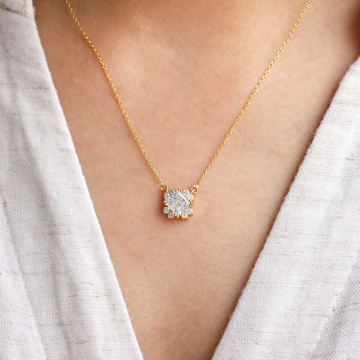 1.20 CT Princess Cut Lab Grown Diamond Halo Necklace