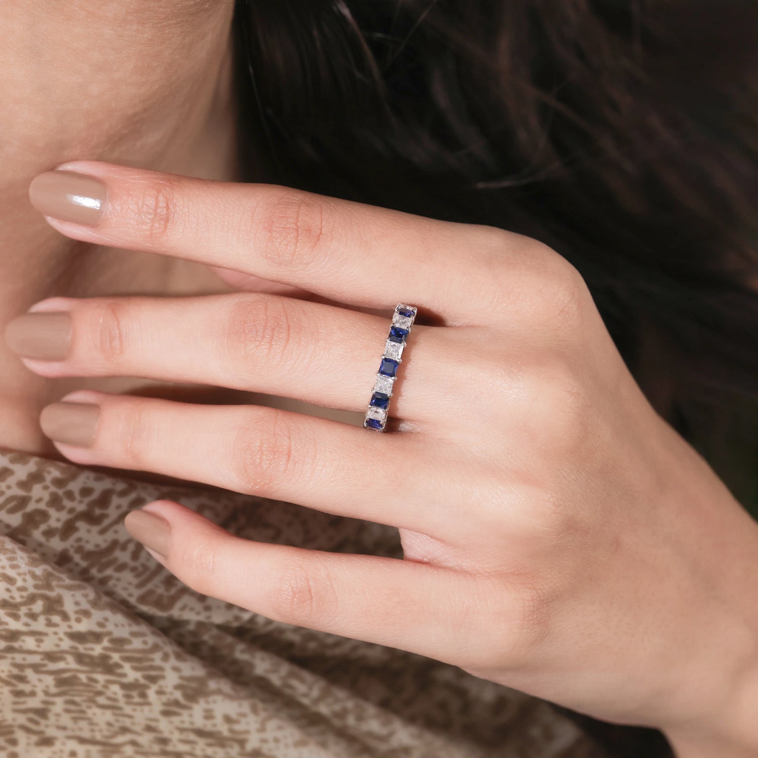 4.18 CT Princess Lab Blue Sapphire and Lab Diamond Alternating Full Eternity Ring