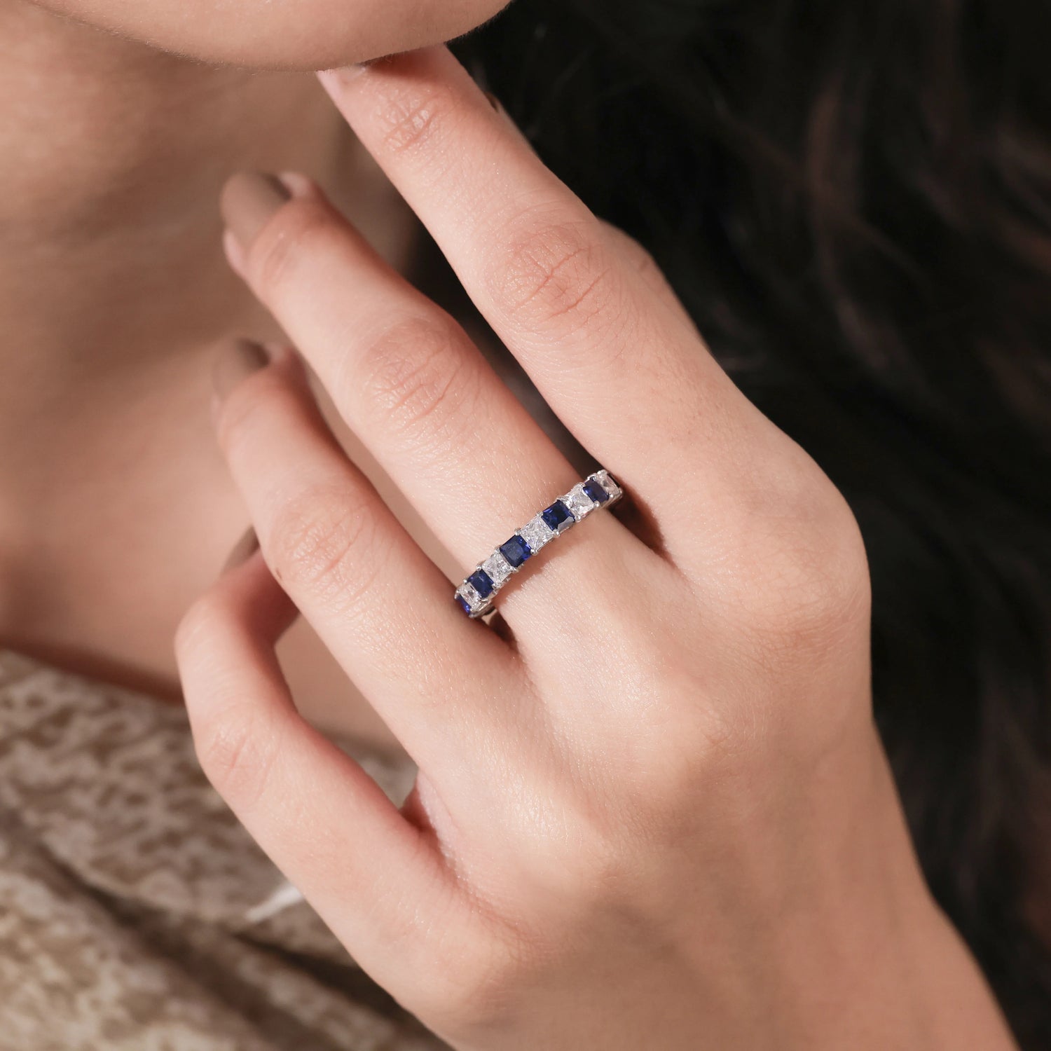 Princess Lab Blue Sapphire & Lab Diamond Half Eternity Ring
