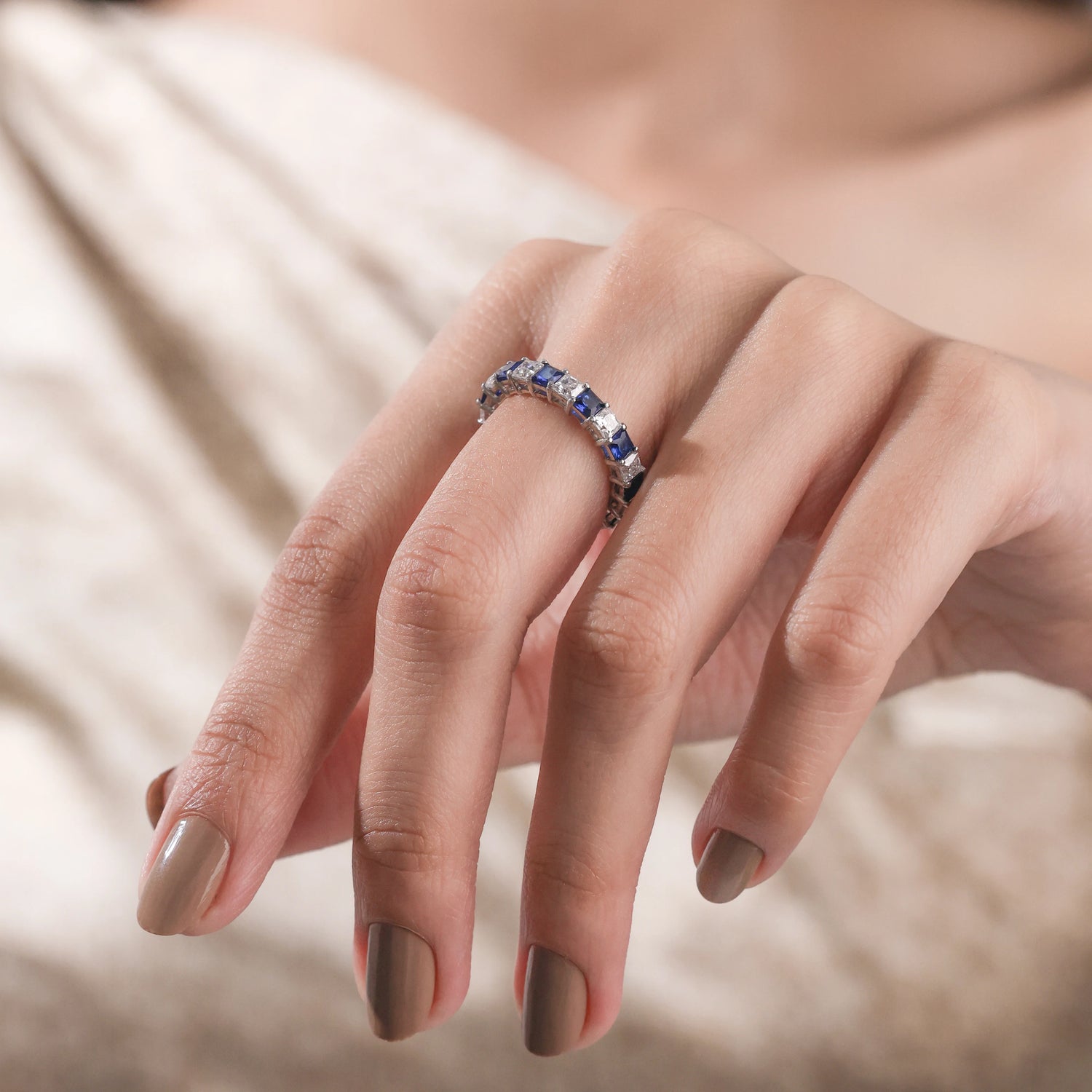 Princess Lab Blue Sapphire and Lab Alternating Diamond Full Eternity Band