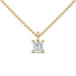 A classic princess diamond necklace featuring a sparkling solitaire pendant. This elegant prong-set design is beautifully crafted in polished yellow gold on a delicate chain.