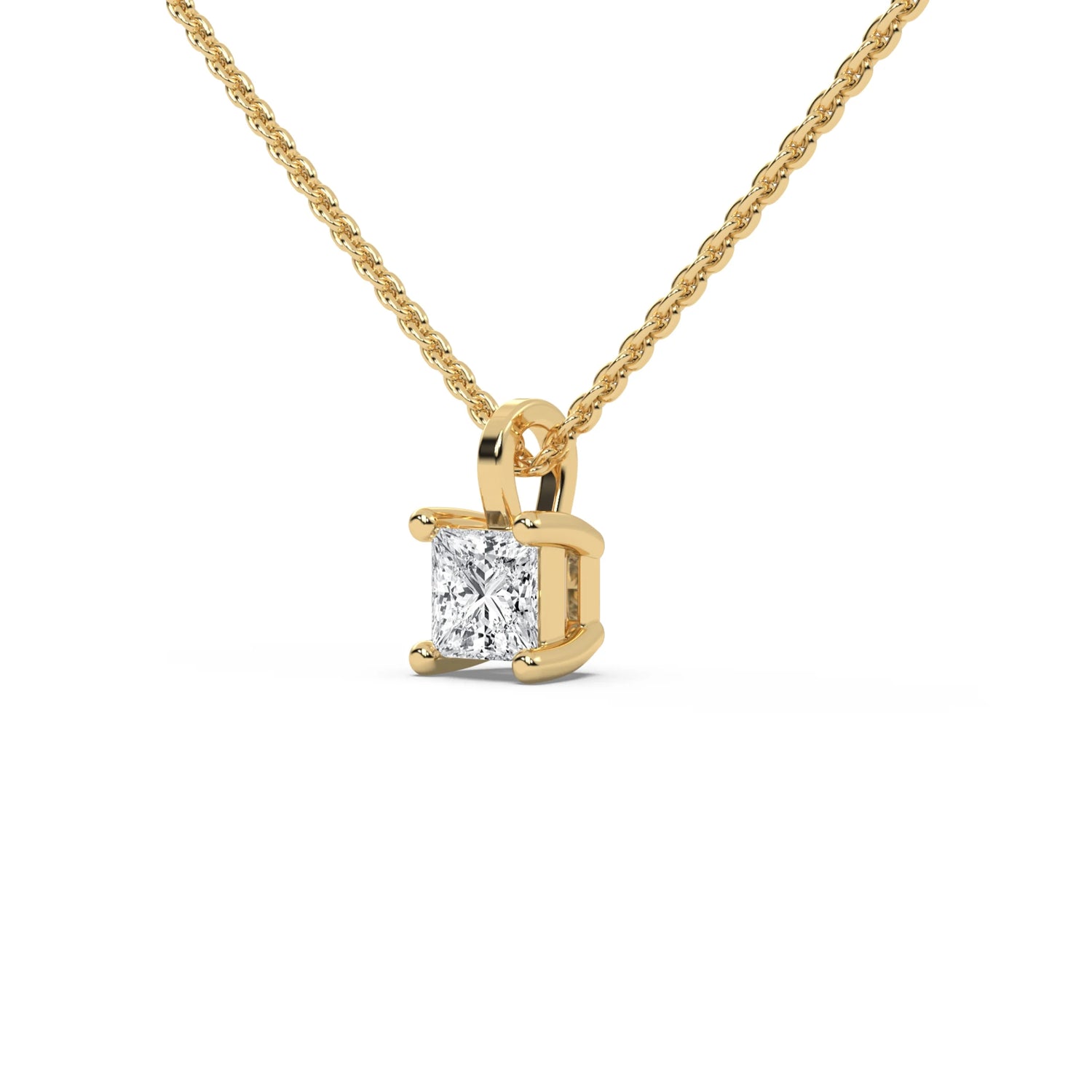 This yellow gold necklace features a princess-cut diamond securely set in four prongs in side view