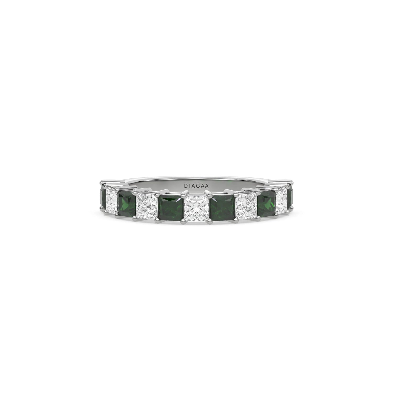 18K White Gold Emerald Gemstone and Diamond Eternity Ring