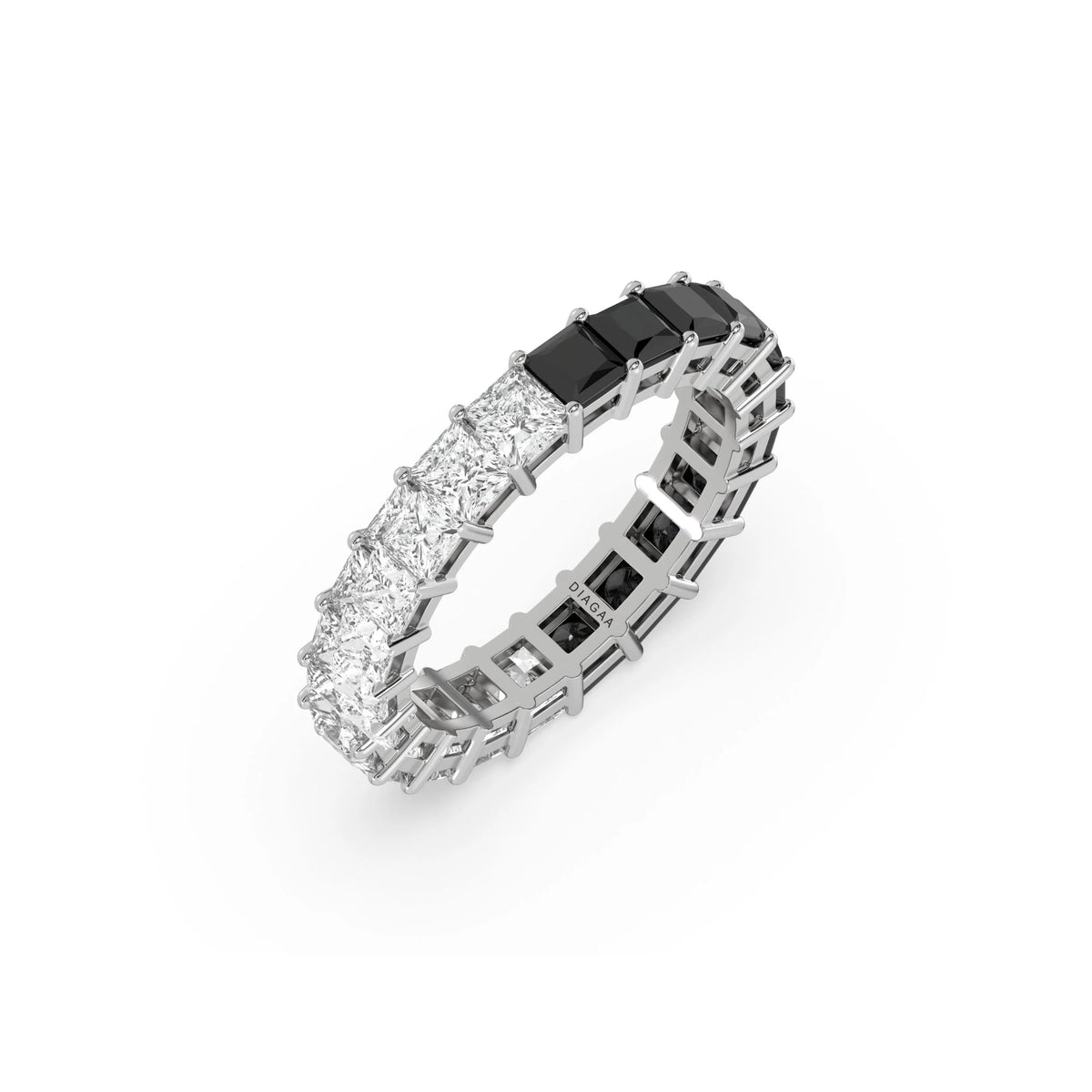 14K White Gold Princess Black And White Diamond Eternity Ring 
