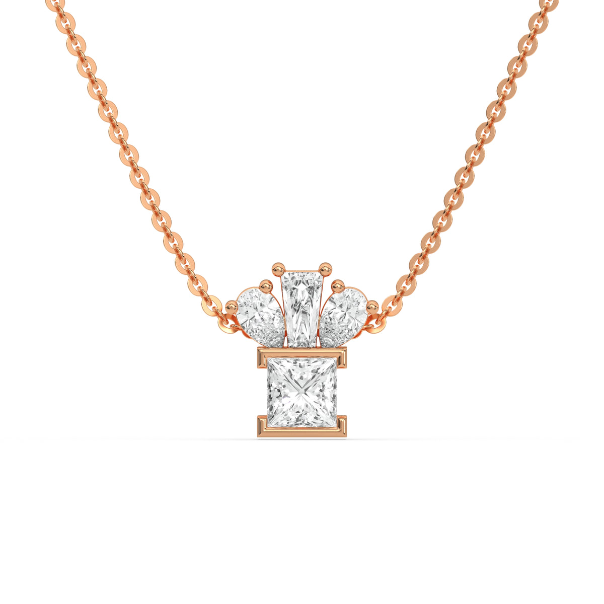 18K Rose Gold Pear, Princess and Baguette Diamond Necklace