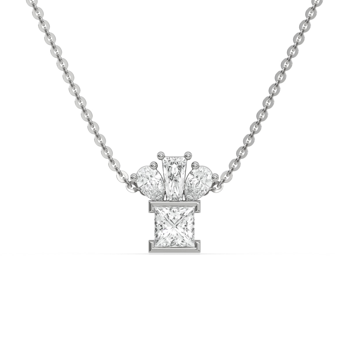 14K White Gold Pear, Princess and Baguette Diamond Necklace
