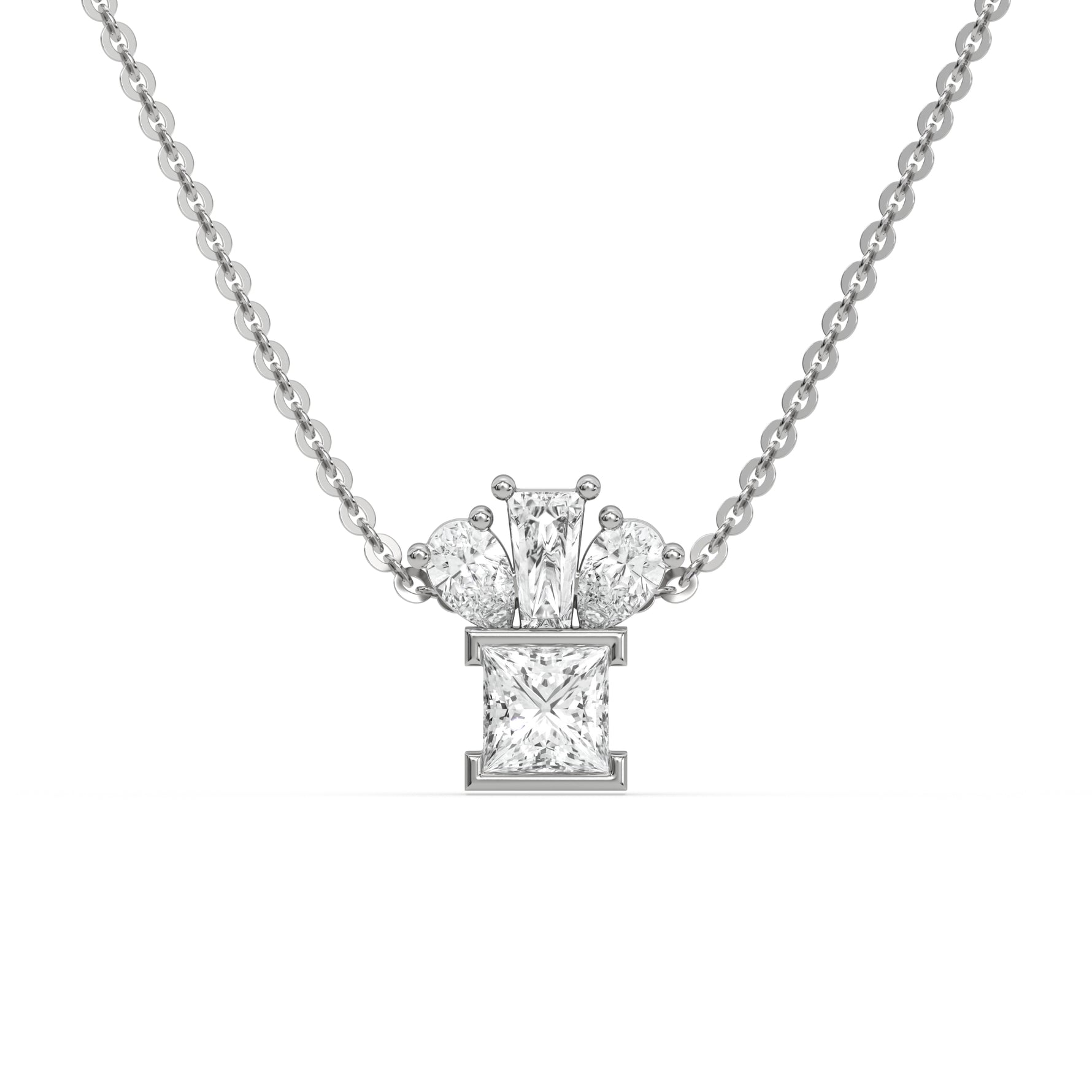 14K White Gold Pear, Princess and Baguette Diamond Necklace