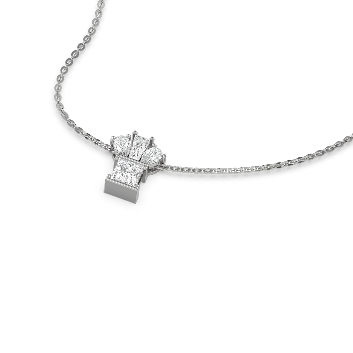 14K White Gold Pear, Princess and Baguette Diamond Necklace