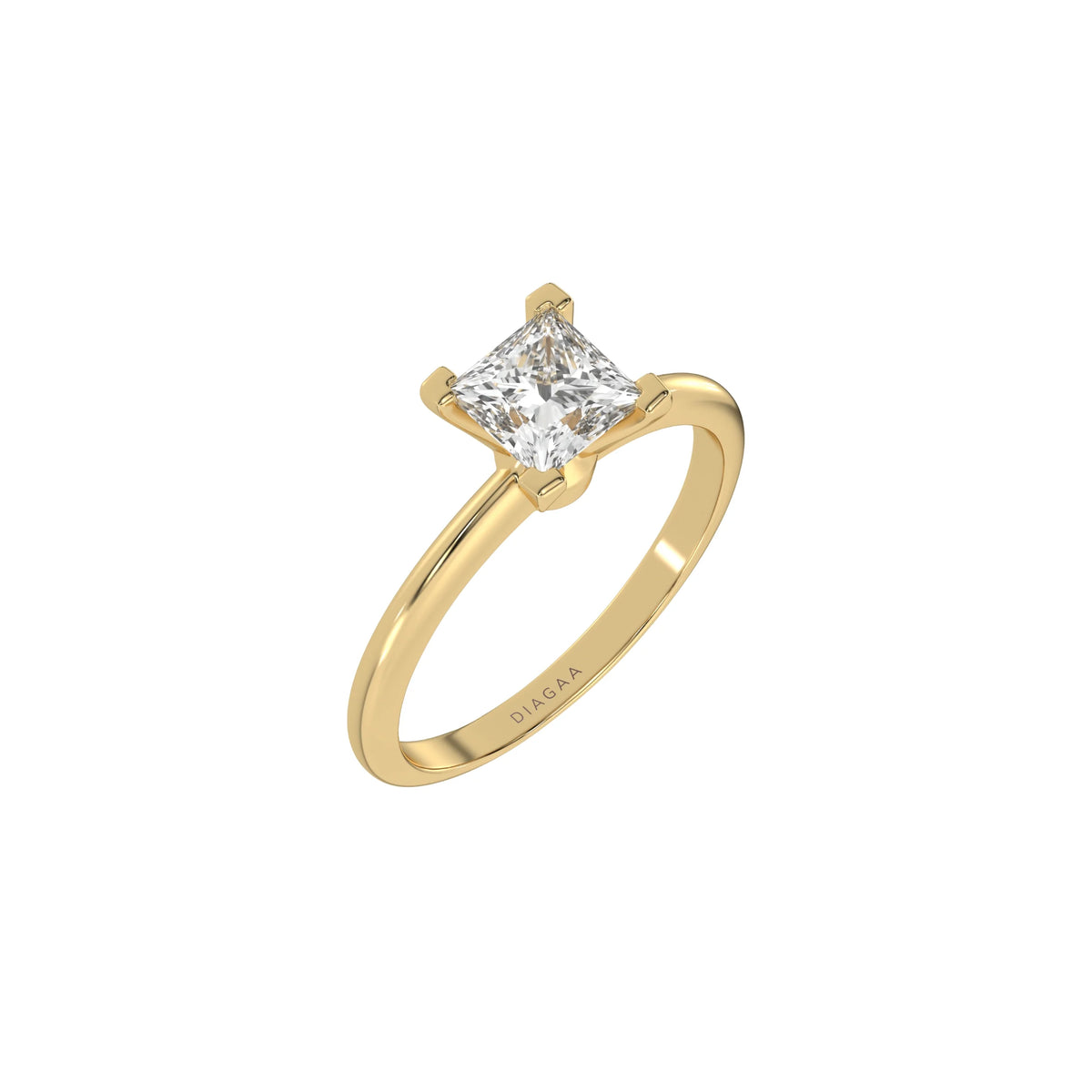 This yellow gold ring features a princess solitaire diamond elegantly secured in a four-prong setting on a solid gold band in 3D view