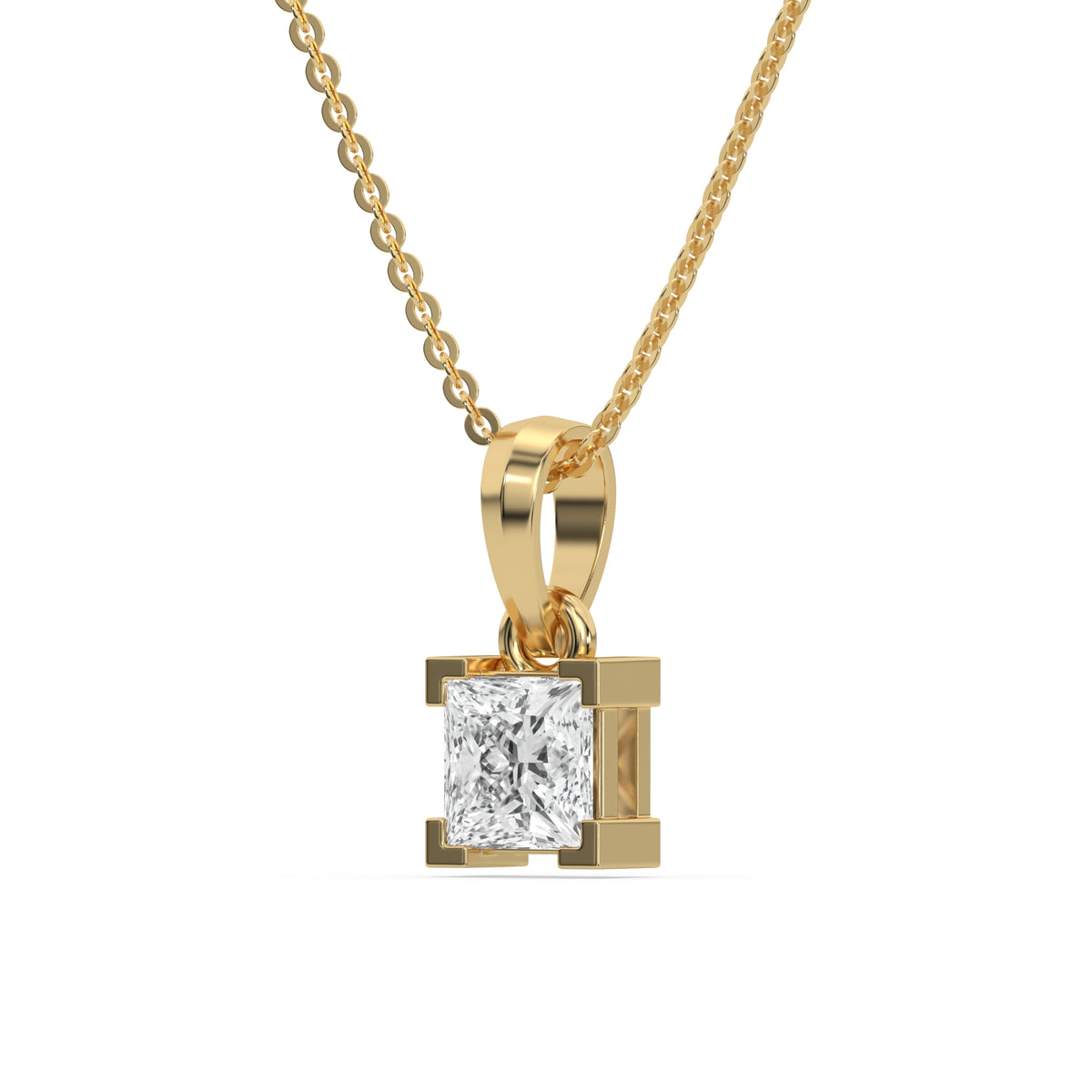 This yellow gold Princess Solitaire Diamond Necklace made with princess cut diamond in a four v-prong setting with adjustable chain in side view