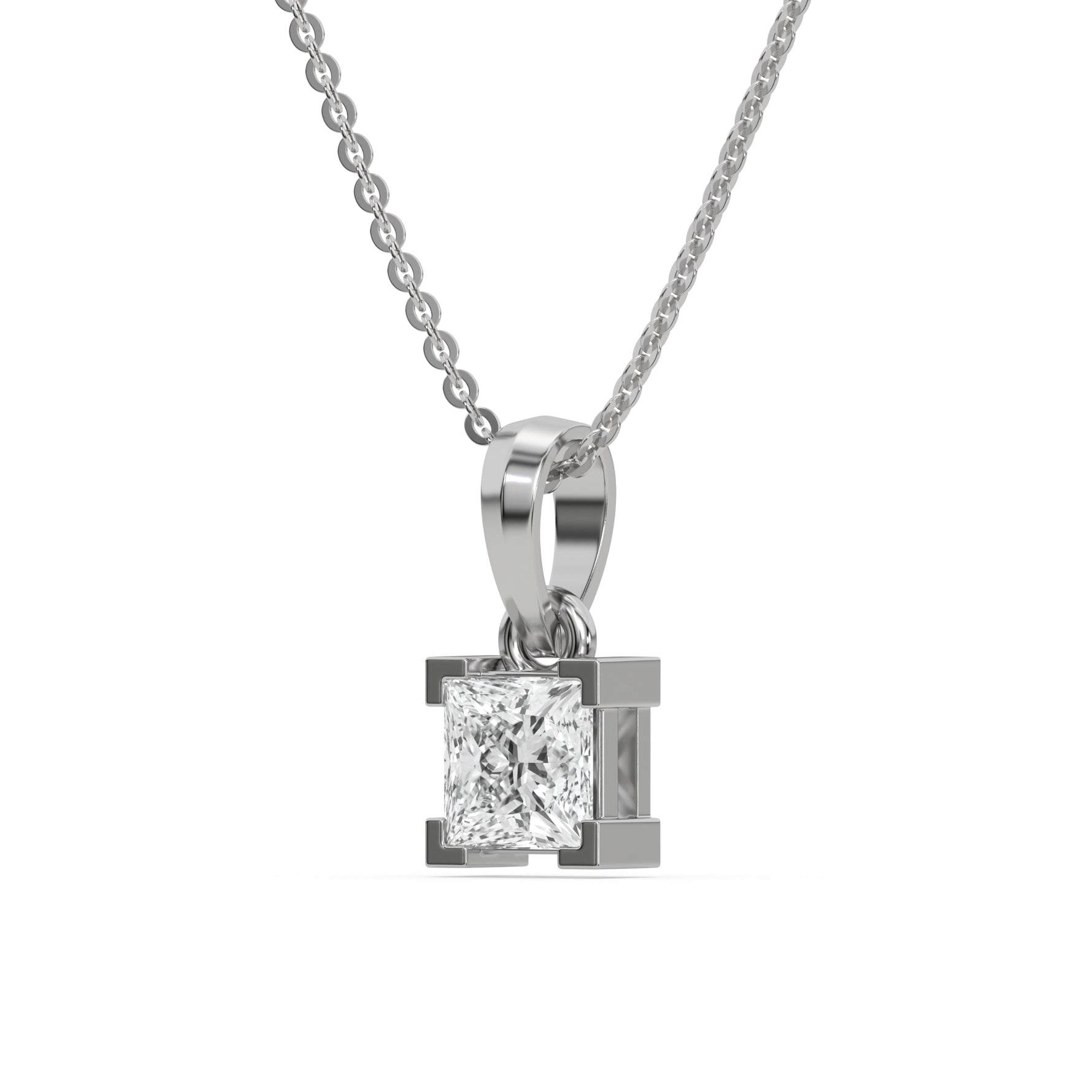 This white gold Princess Solitaire Diamond Necklace made with princess cut diamond in a four v-prong setting with adjustable chain in side view