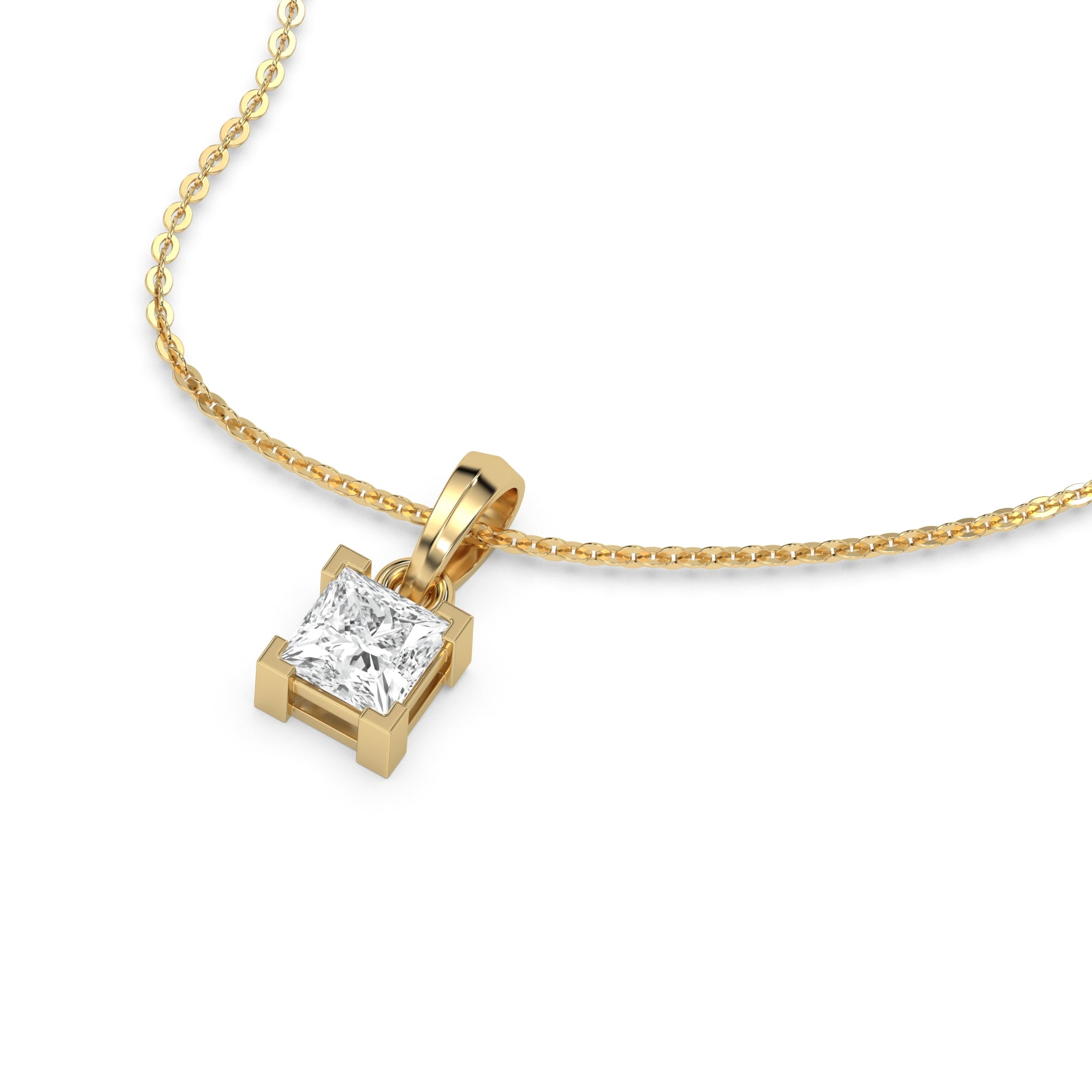 This yellow gold Princess Solitaire Diamond Necklace made with princess cut diamond in a four v-prong setting with adjustable chain in 3d view