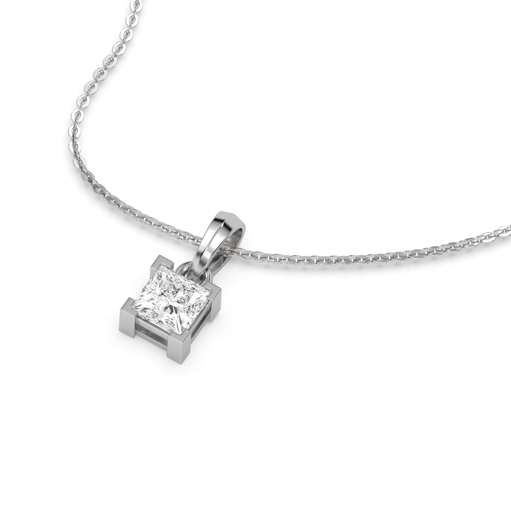 This white gold Princess Solitaire Diamond Necklace made with princess cut diamond in a four v-prong setting with adjustable chain in 3d view