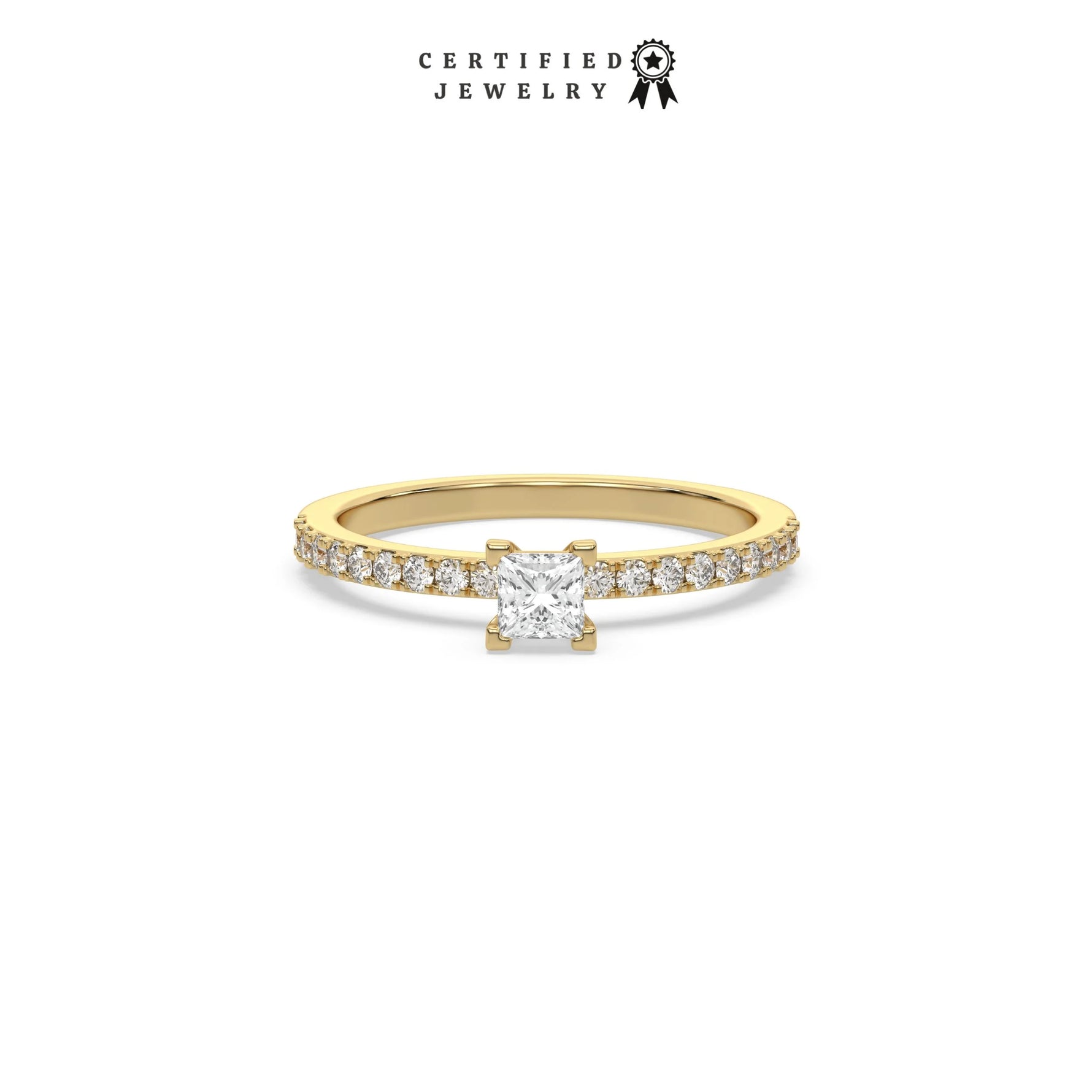 This yellow gold ring displayed in Front view is made with a princess solitaire diamond set in four-prong setting