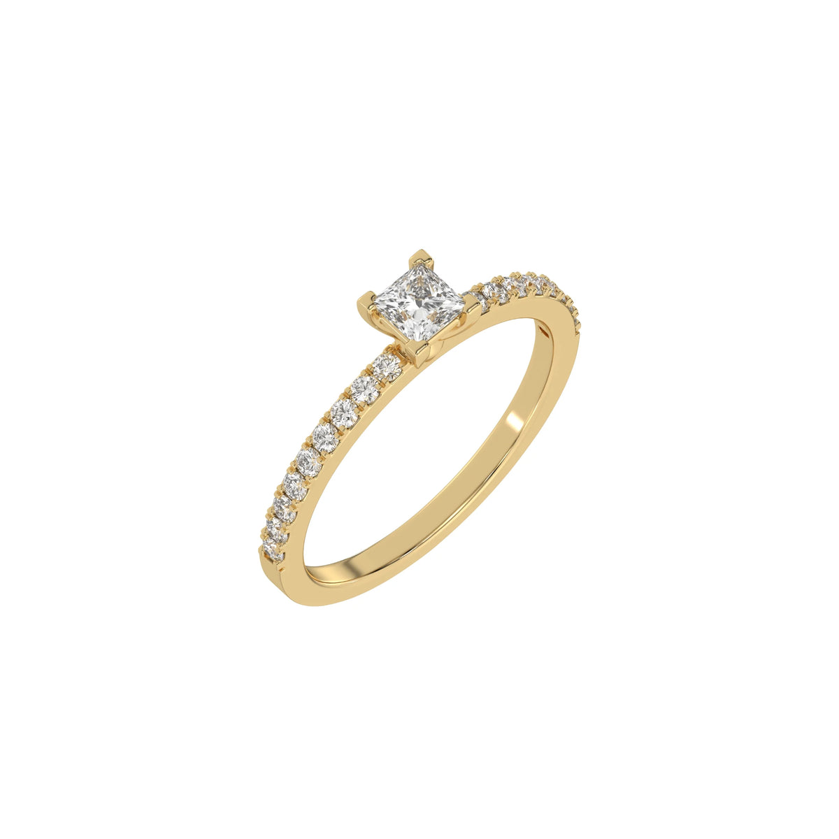 This yellow gold ring displayed in 3d view is made with a princess solitaire diamond set in four-prong setting