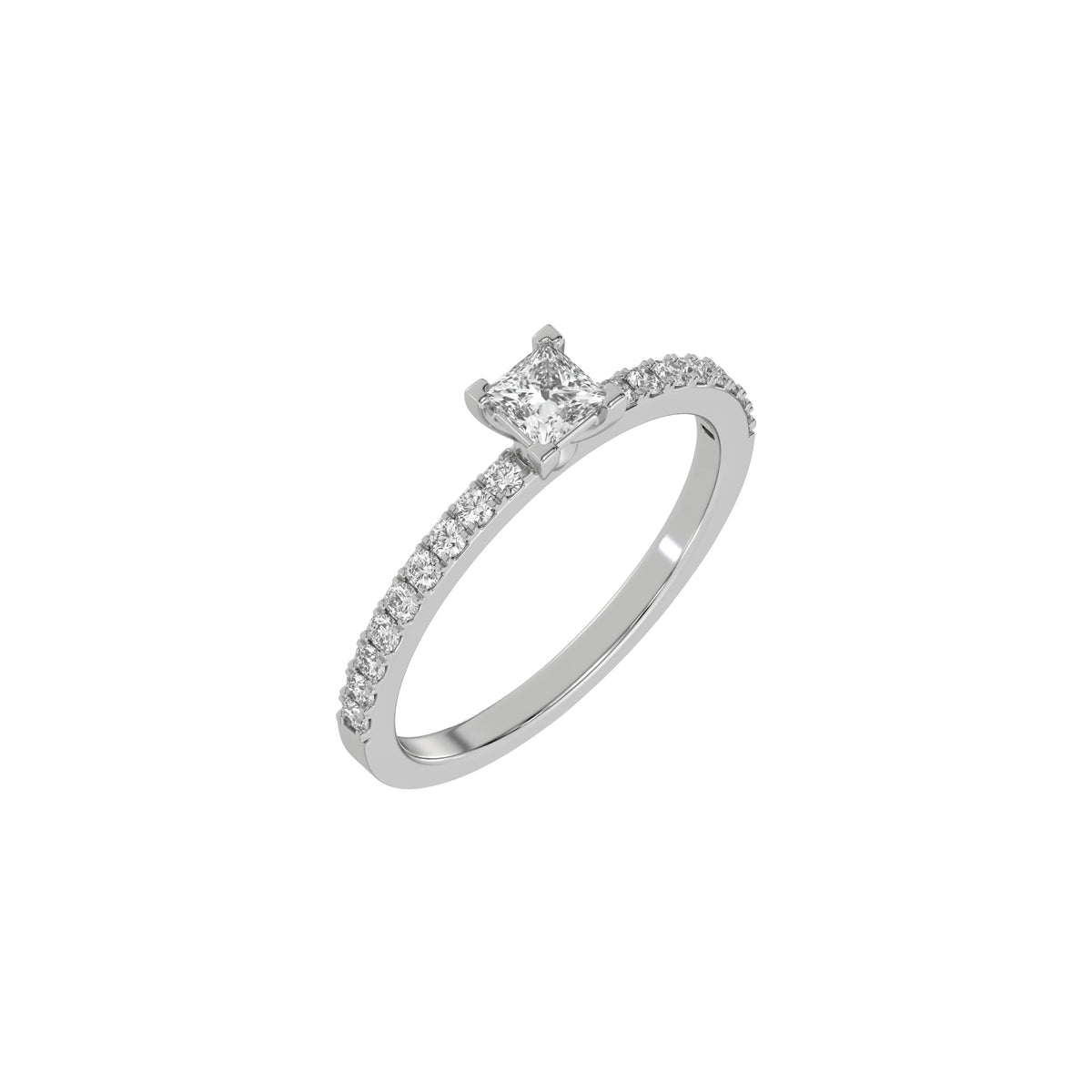 This white gold ring displayed in 3d view is made with a princess solitaire diamond set in four-prong setting