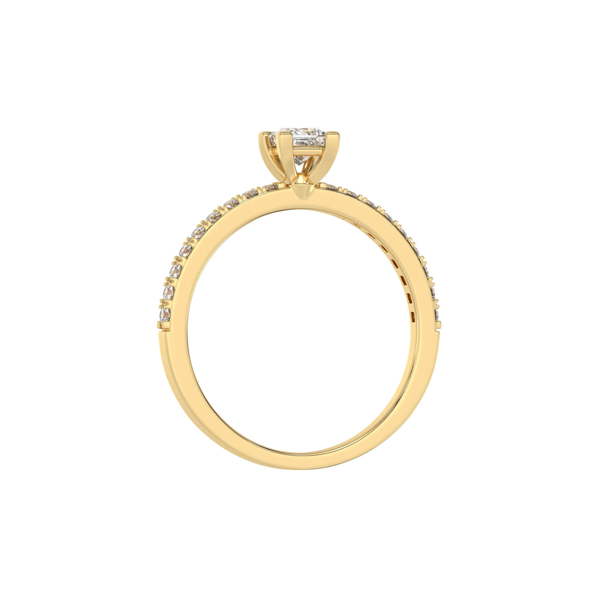 This yellow gold ring displayed in through finger view is made with a princess solitaire diamond set in four-prong setting