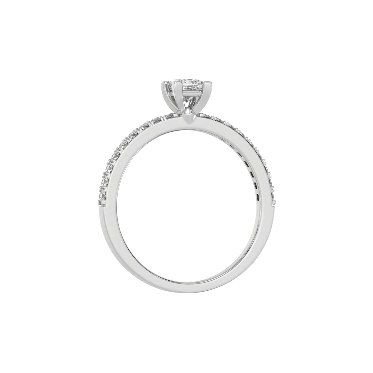 This white gold ring displayed in through finger view is made with a princess solitaire diamond set in four-prong setting