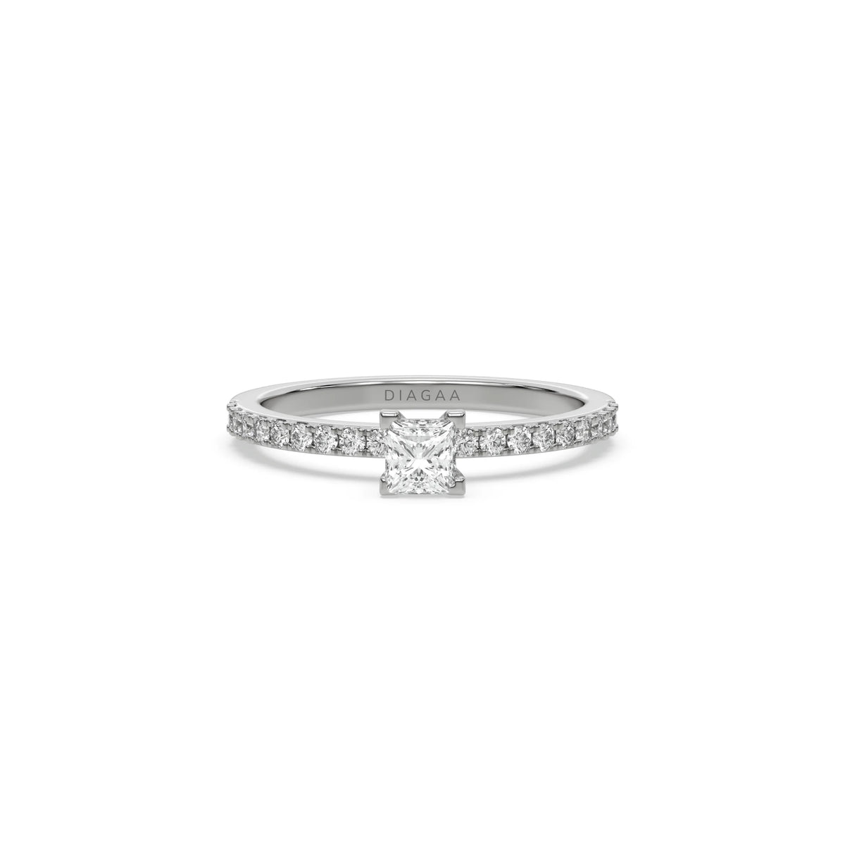 This white gold ring displayed in Front view is made with a princess solitaire diamond set in four-prong setting