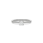 This white gold ring displayed in Front view is made with a princess solitaire diamond set in four-prong setting