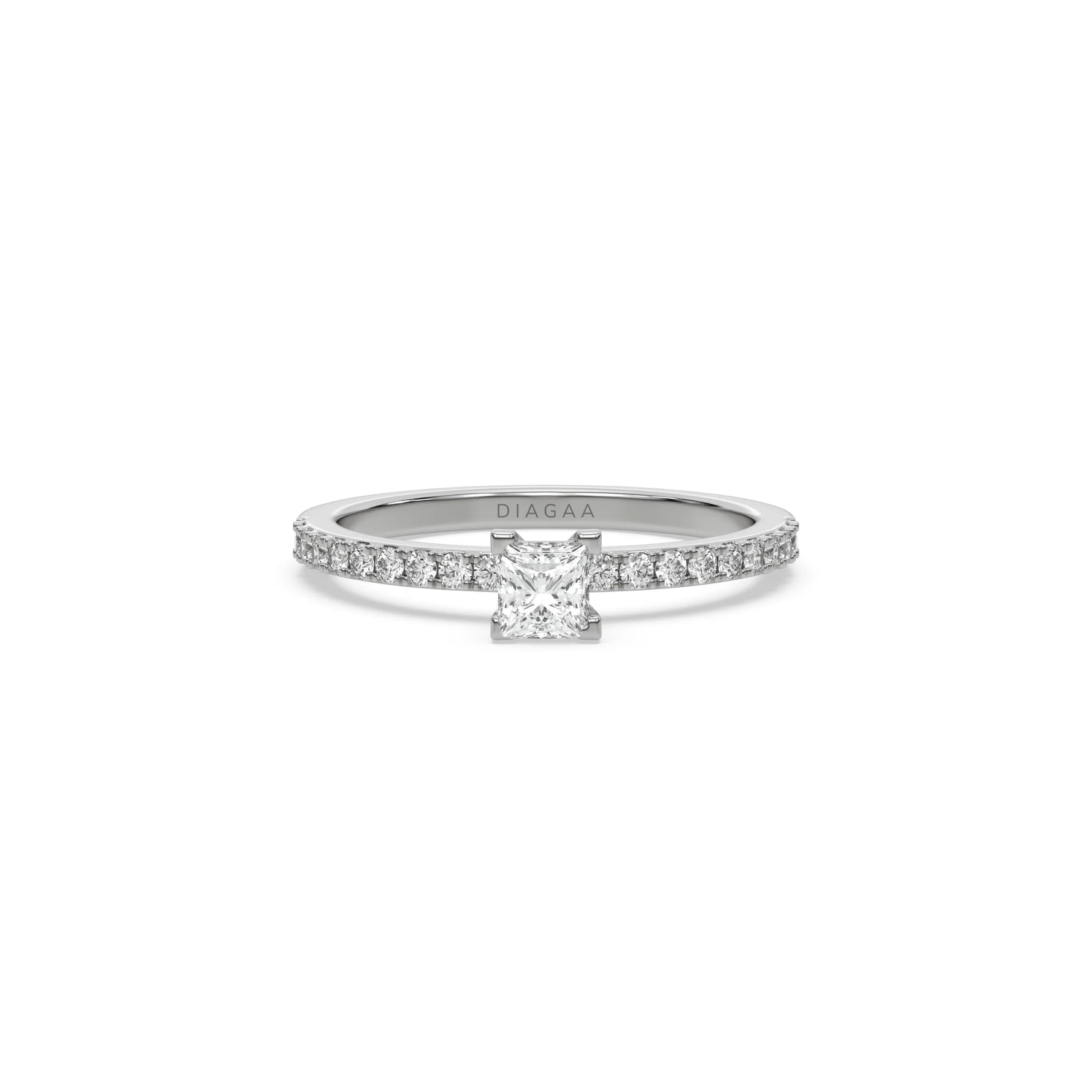 This white gold ring displayed in Front view is made with a princess solitaire diamond set in four-prong setting