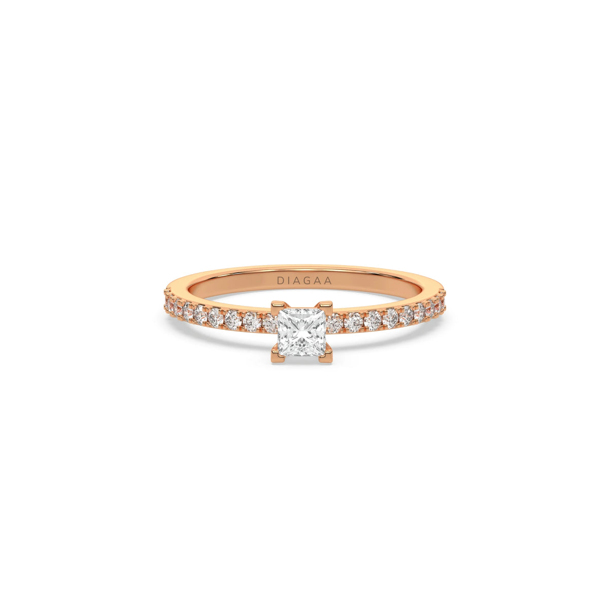 This rose gold ring displayed in Front view is made with a princess solitaire diamond set in four-prong setting