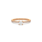 This rose gold ring displayed in Front view is made with a princess solitaire diamond set in four-prong setting