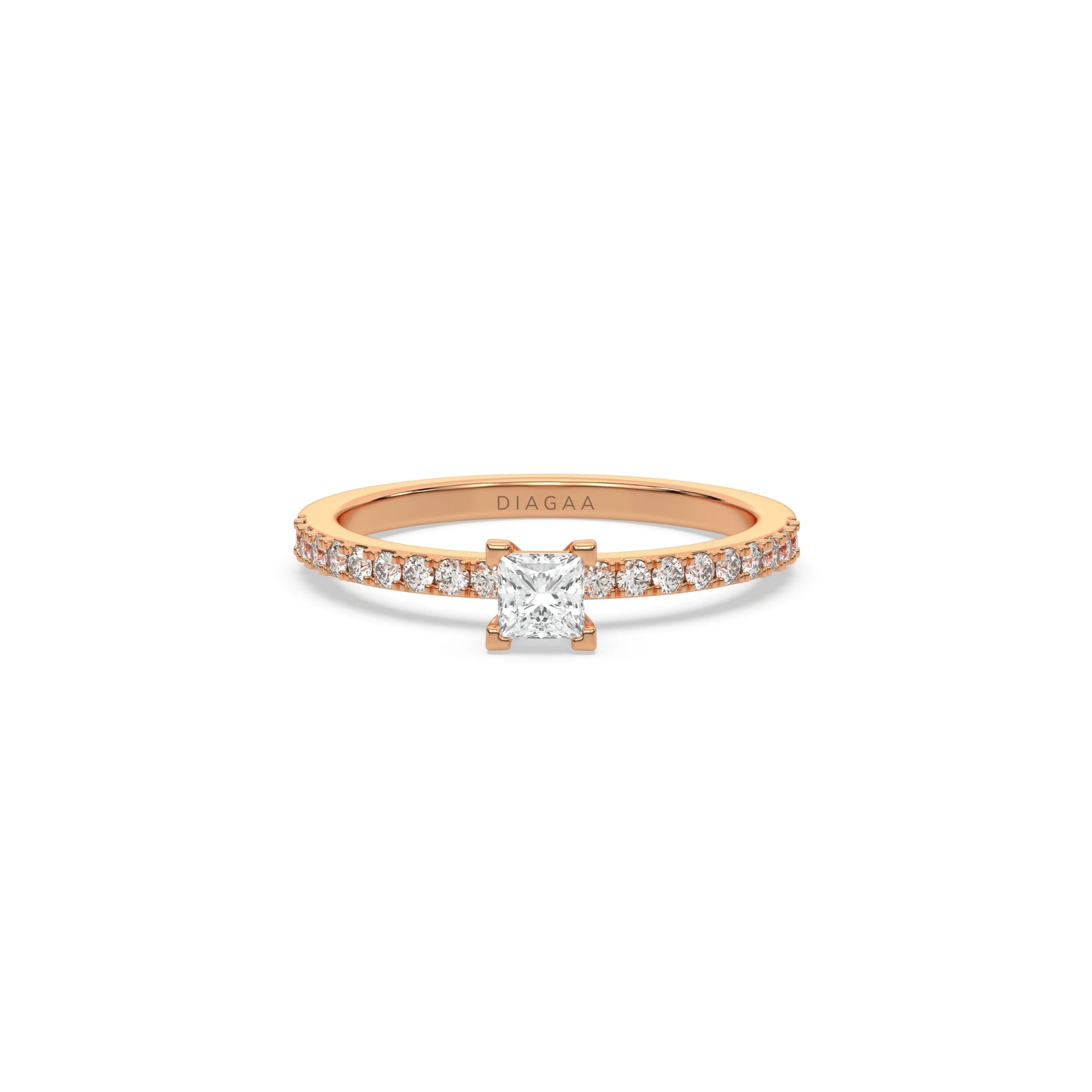 This rose gold ring displayed in Front view is made with a princess solitaire diamond set in four-prong setting