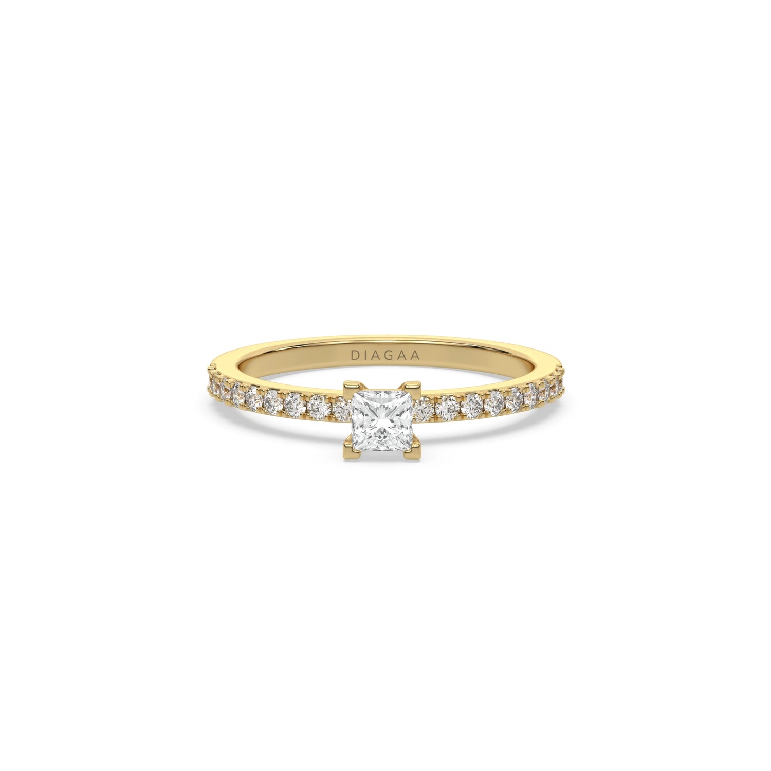 This yellow gold ring displayed in front view is made with a princess solitaire diamond set in four-prong setting