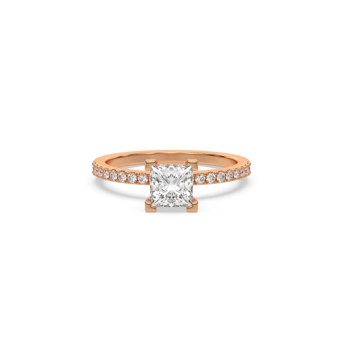 This rose gold ring displayed in front view is made with a princess solitaire diamond set in four-prong setting