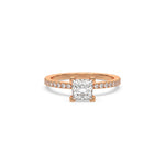 This rose gold ring displayed in front view is made with a princess solitaire diamond set in four-prong setting