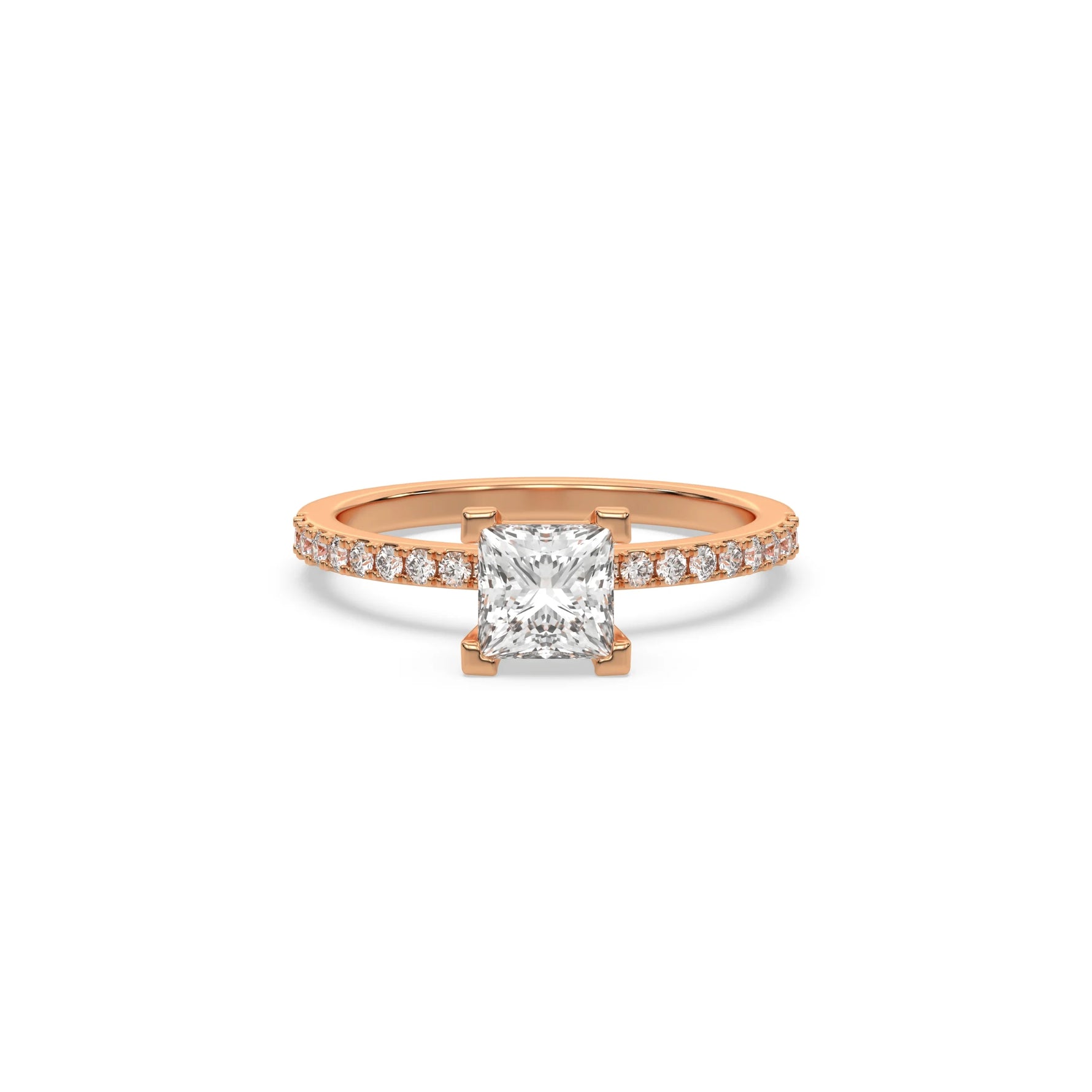 This rose gold ring displayed in front view is made with a princess solitaire diamond set in four-prong setting