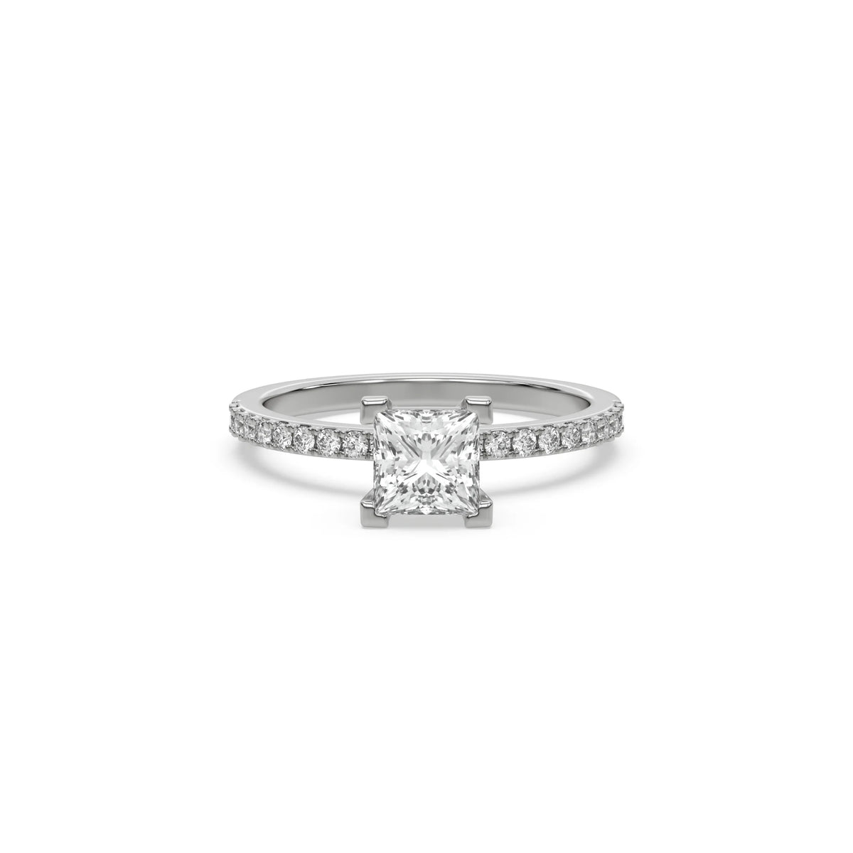 This white gold ring displayed in front view is made with a princess solitaire diamond set in four-prong setting