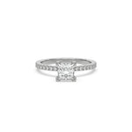 This white gold ring displayed in front view is made with a princess solitaire diamond set in four-prong setting