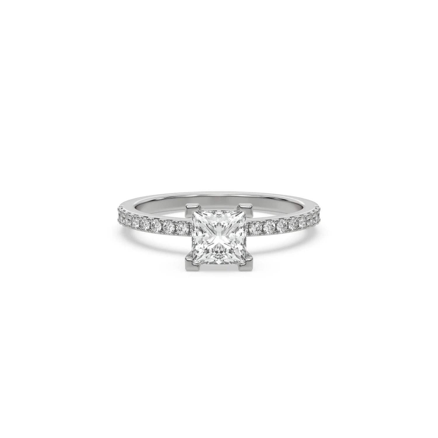 This white gold ring displayed in front view is made with a princess solitaire diamond set in four-prong setting