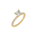 This yellow gold ring displayed in 3d view is made with a princess solitaire diamond set in four-prong setting