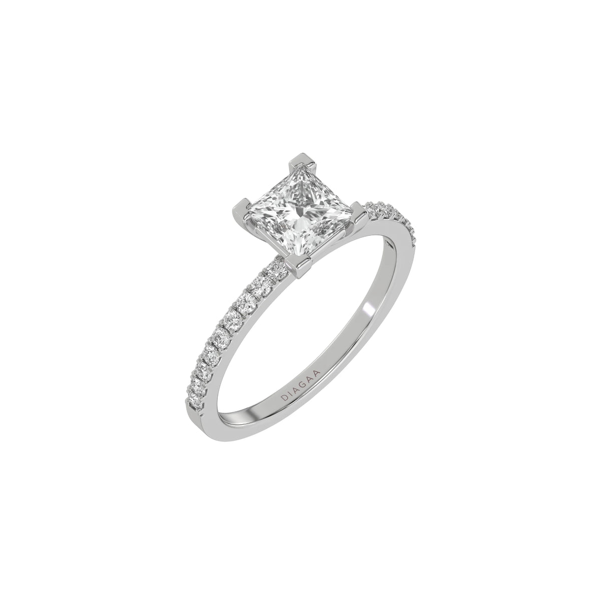 This white gold ring displayed in 3d view is made with a princess solitaire diamond set in four-prong setting