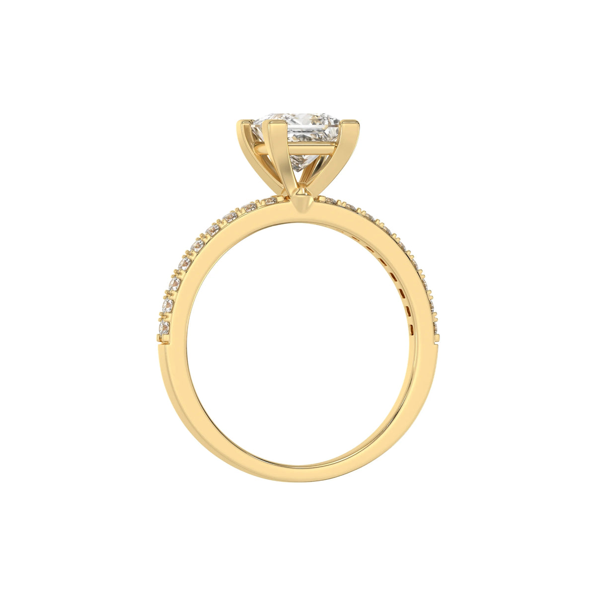 This yellow gold ring displayed in through finger view is made with a princess solitaire diamond set in four-prong setting