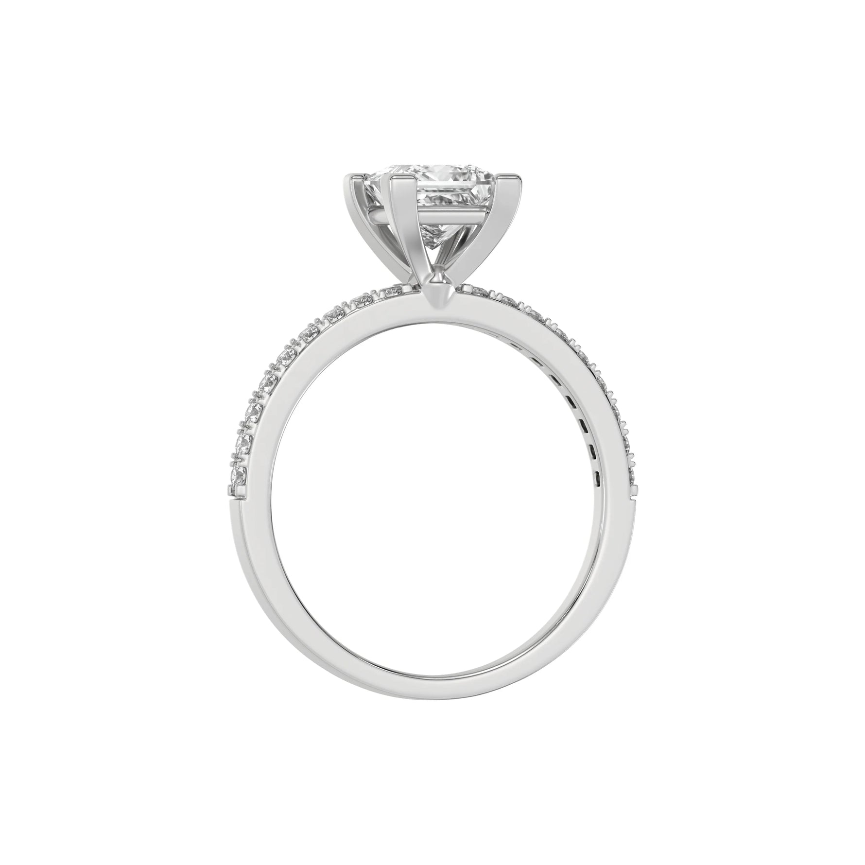 This white gold ring displayed in through finger view is made with a princess solitaire diamond set in four-prong setting