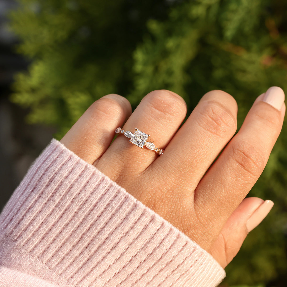 Lab Princess Cut Diamond Hidden Halo Engagement Ring