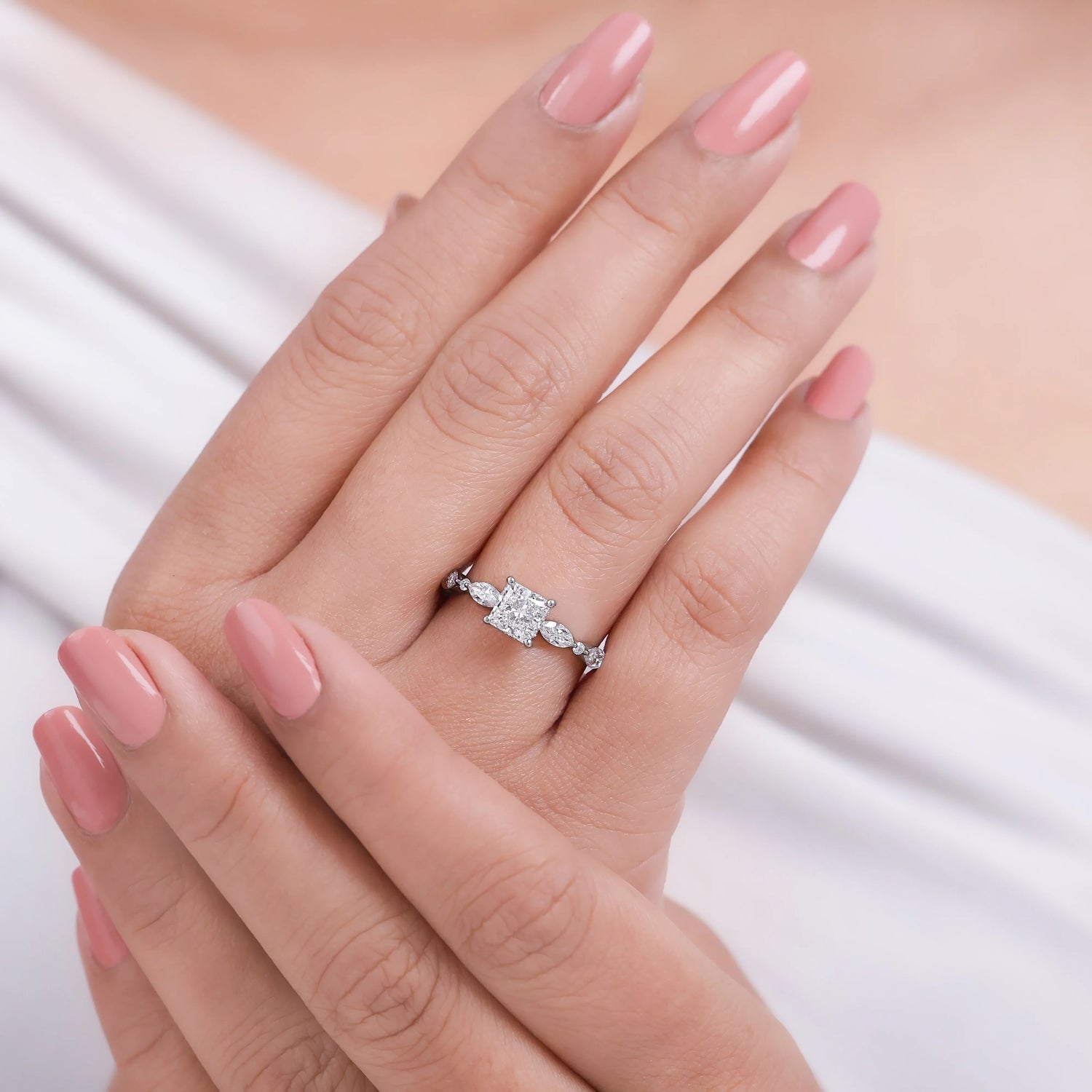 Lab Princess Cut Diamond Hidden Halo Engagement Ring