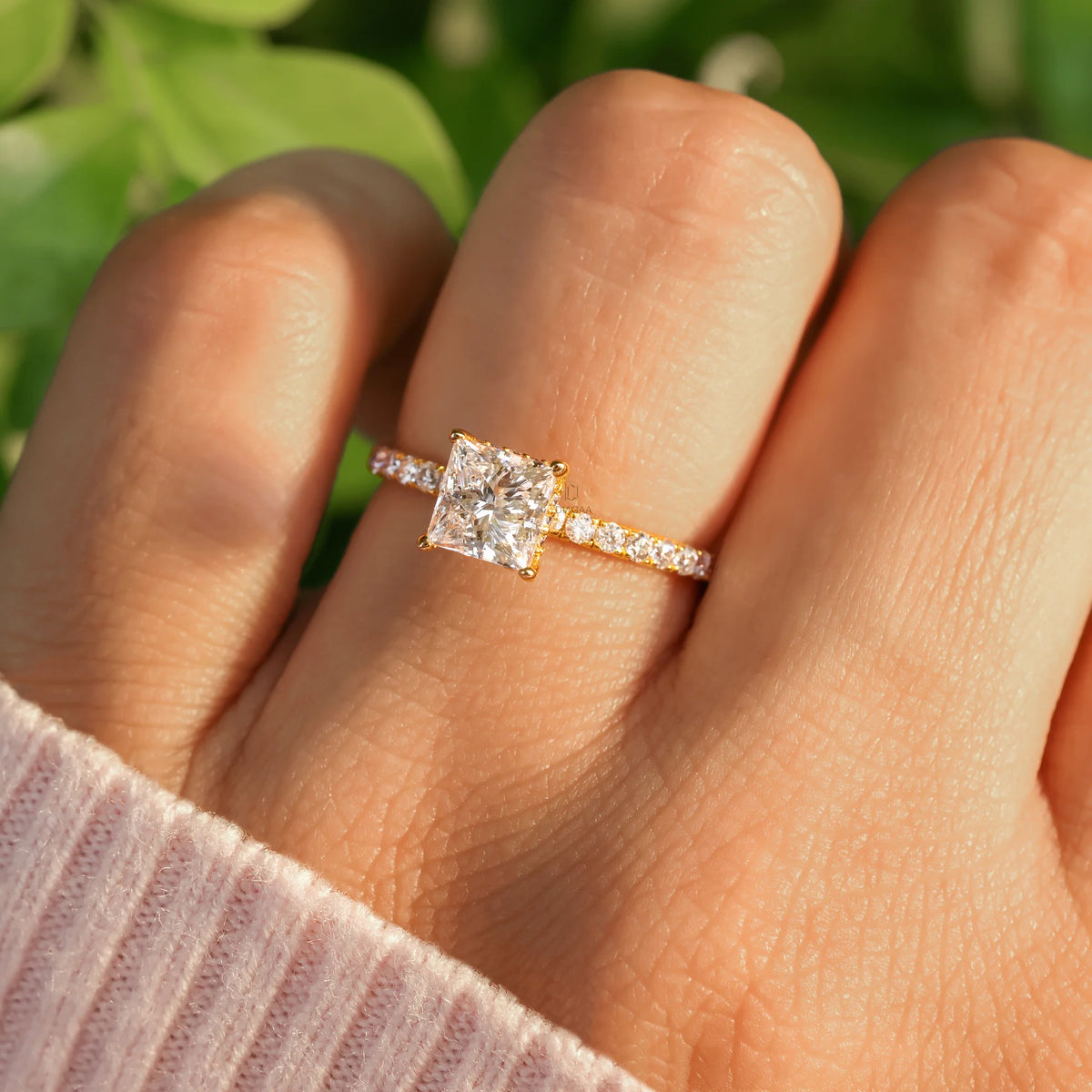 Lab Princess Cut Diamond Engagement Ring with Hidden Halo