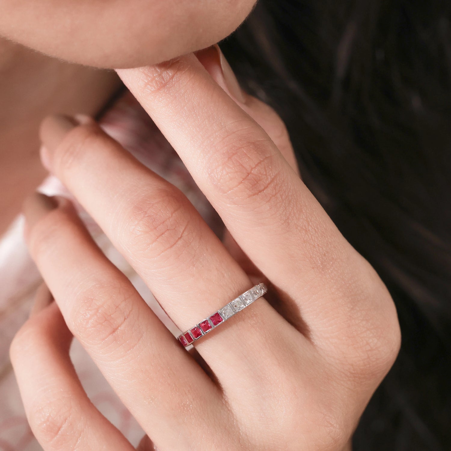 Princess Cut Lab-Grown Diamond and Lab Ruby Eternity Ring