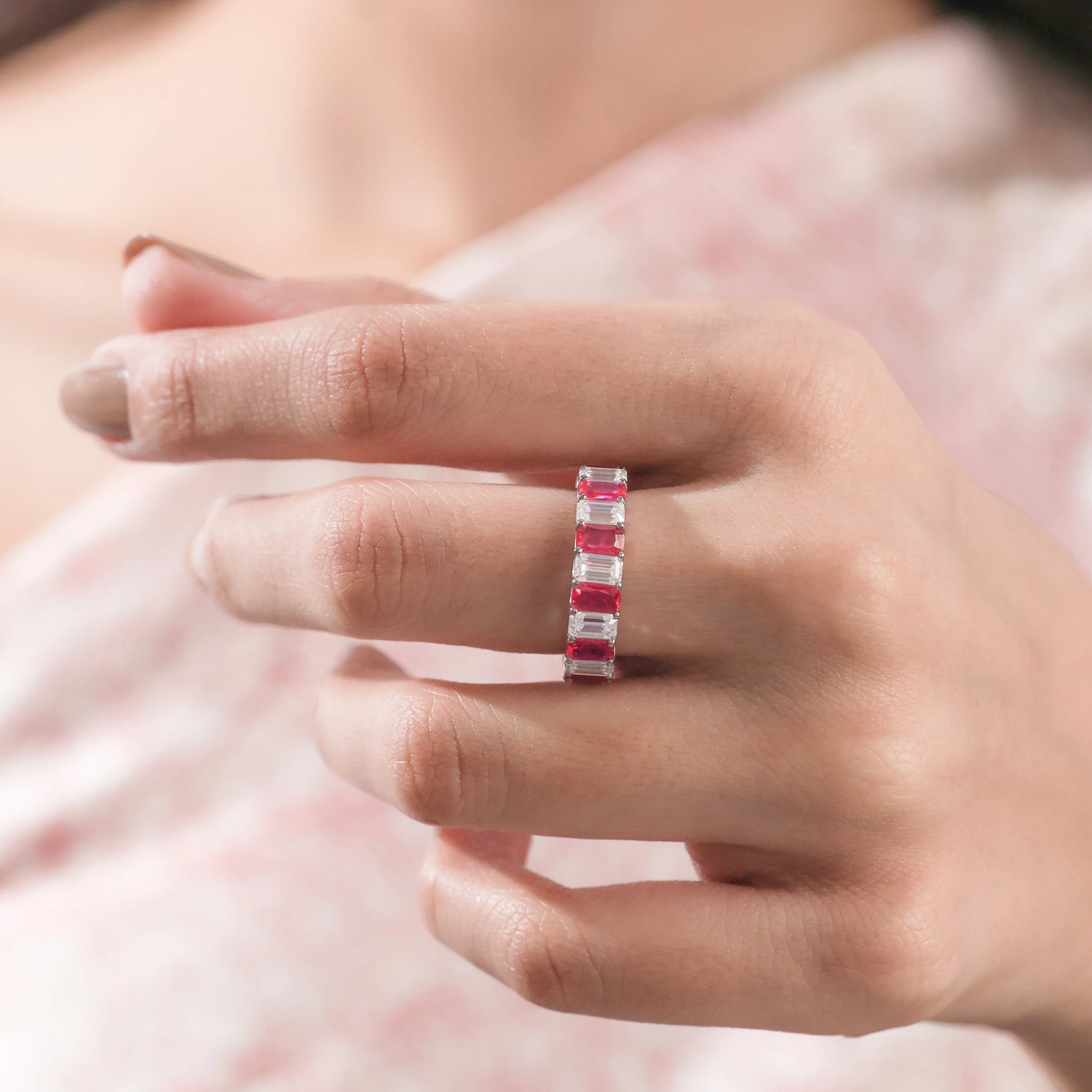 Emerald Cut Lab-Grown Ruby and Lab Grown Diamond Half Eternity Ring