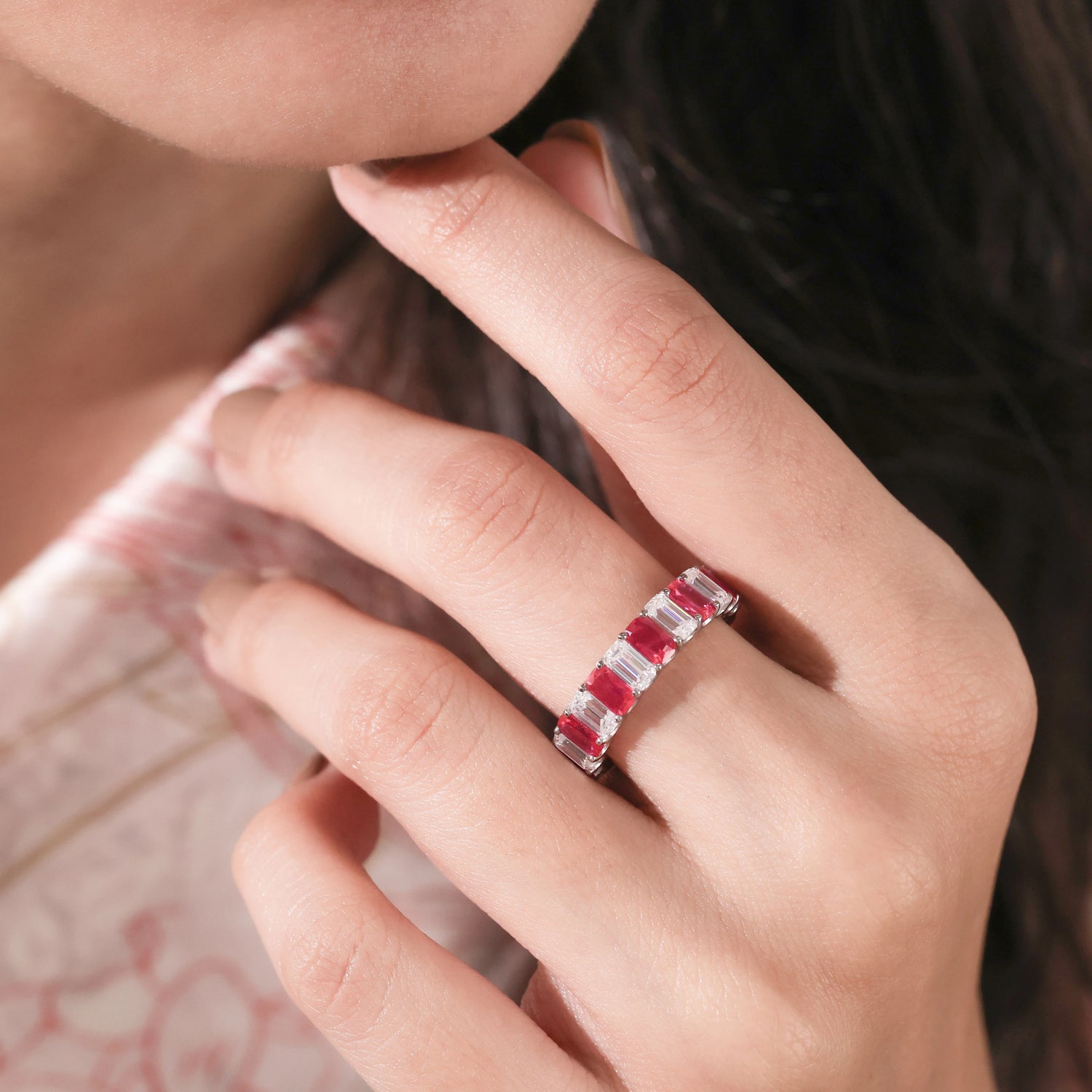 Emerald cut Lab Ruby and Diamond Eternity Ring