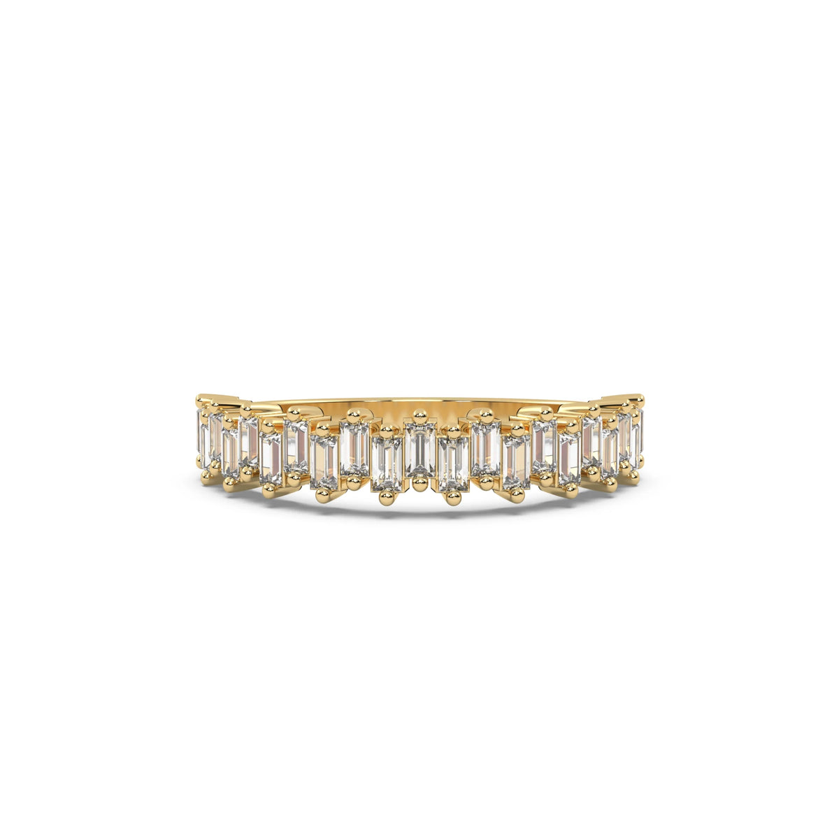 This yellow gold ring features baguette diamonds arranged in an up and down pattern, with each diamond securely set in a two prong setting in top view