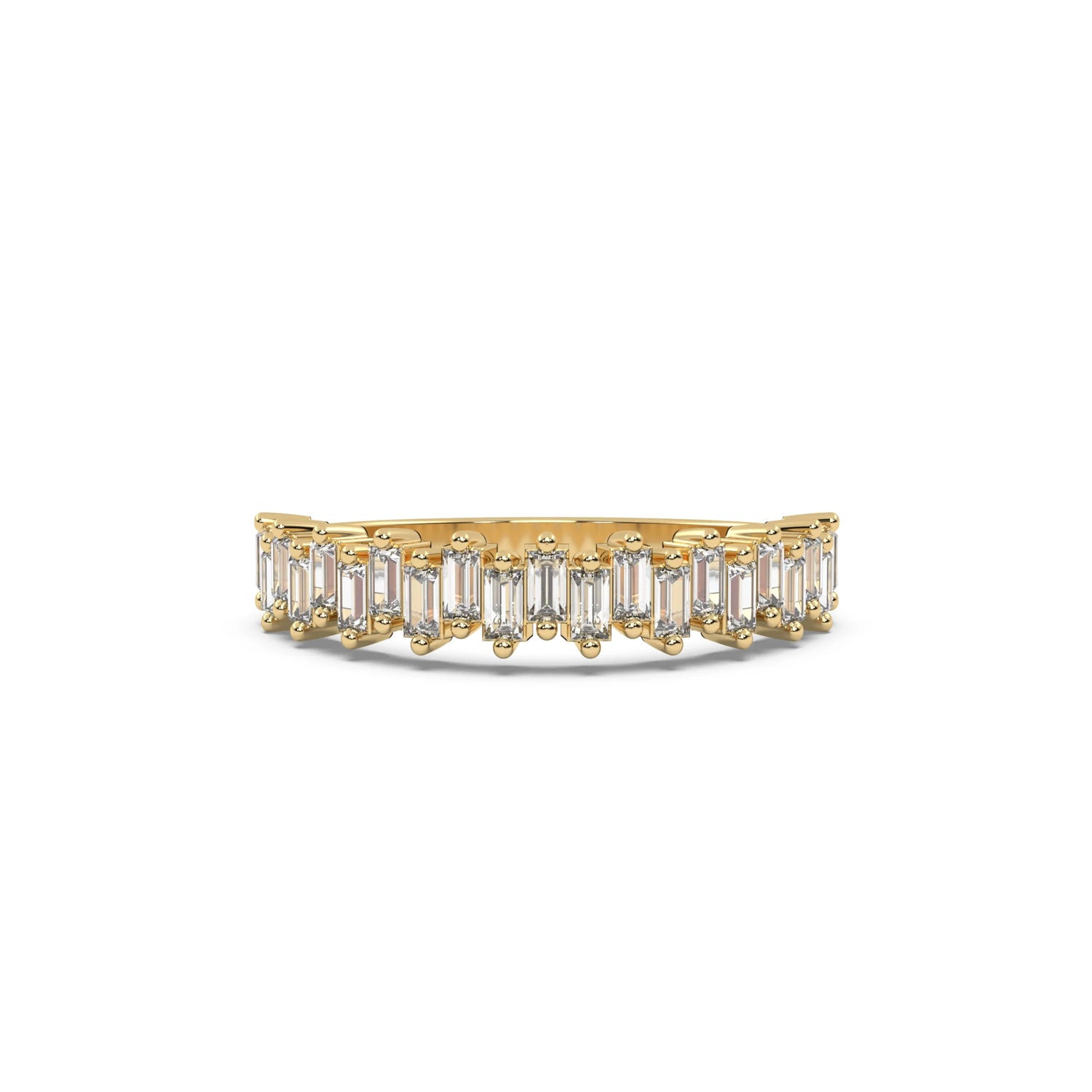 This yellow gold ring features baguette diamonds arranged in an up and down pattern, with each diamond securely set in a two prong setting in top view