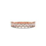 This rose gold ring features baguette diamonds arranged in an up and down pattern, with each diamond securely set in a two prong setting in top view