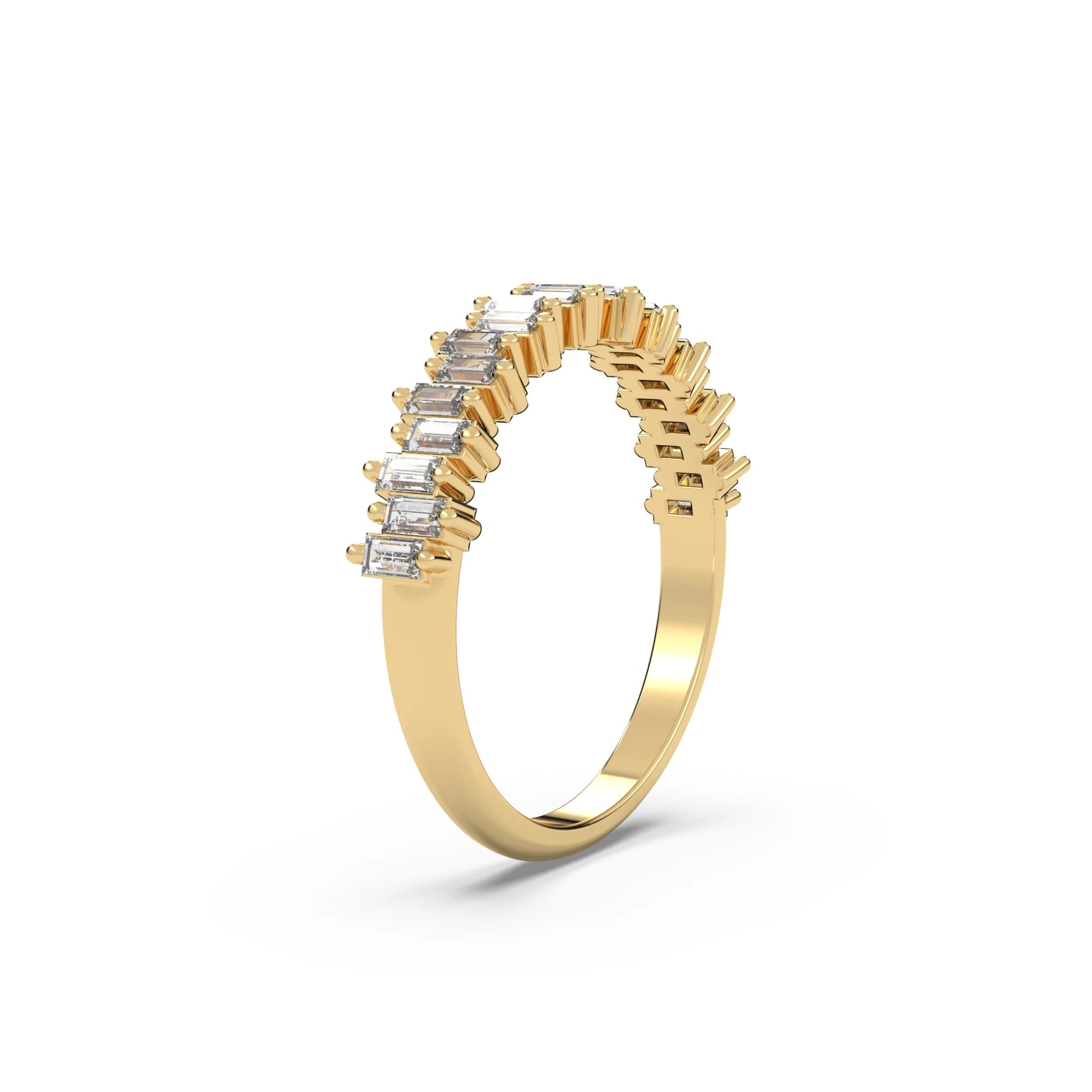 This yellow gold ring features baguette diamonds arranged in an up and down pattern, with each diamond securely set in a two prong setting in side view